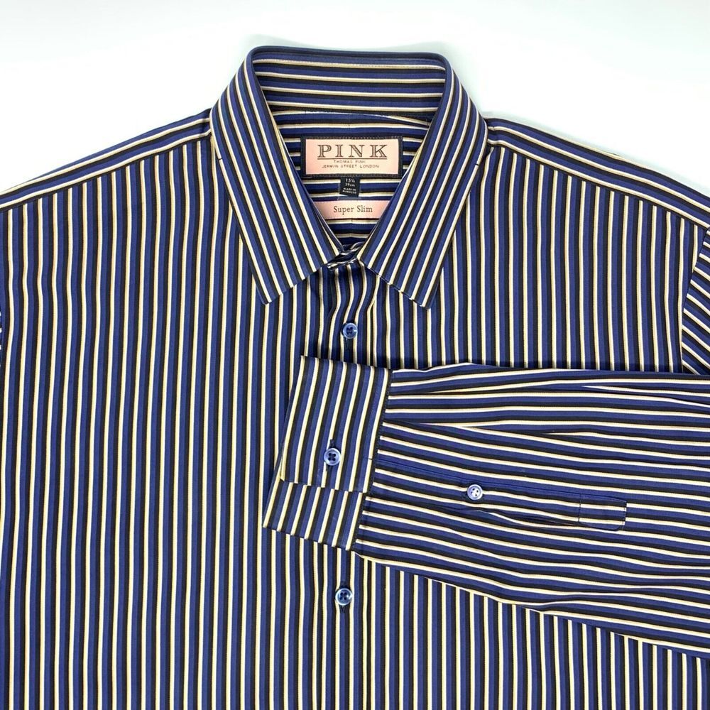 Thomas PINK Super Slim Black Gold Stripe Men's‎ Long Sleeve Shirt Size Medium
